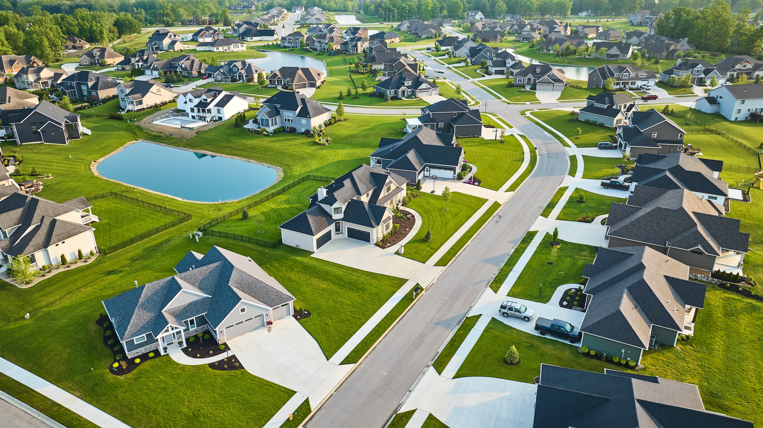 Kanata Lakes neighborhood aerial view with beautiful homes and ponds